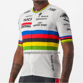 Completo Maglia + Pantaloncino con bretelle 2023 Soudal Quick-Step Campione Del Mondo Manica Corta Bianco Multicolore